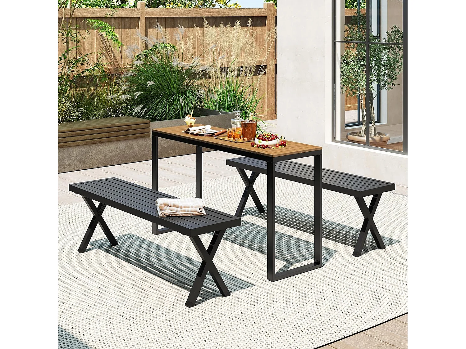 Tuintafel, weerbestendig, 129 x 42 cm, terrastafel met WPC-tafelblad en metalen frame, rechthoekige balkontafel, outdoor-eettafel voor balkon, terras, tuin