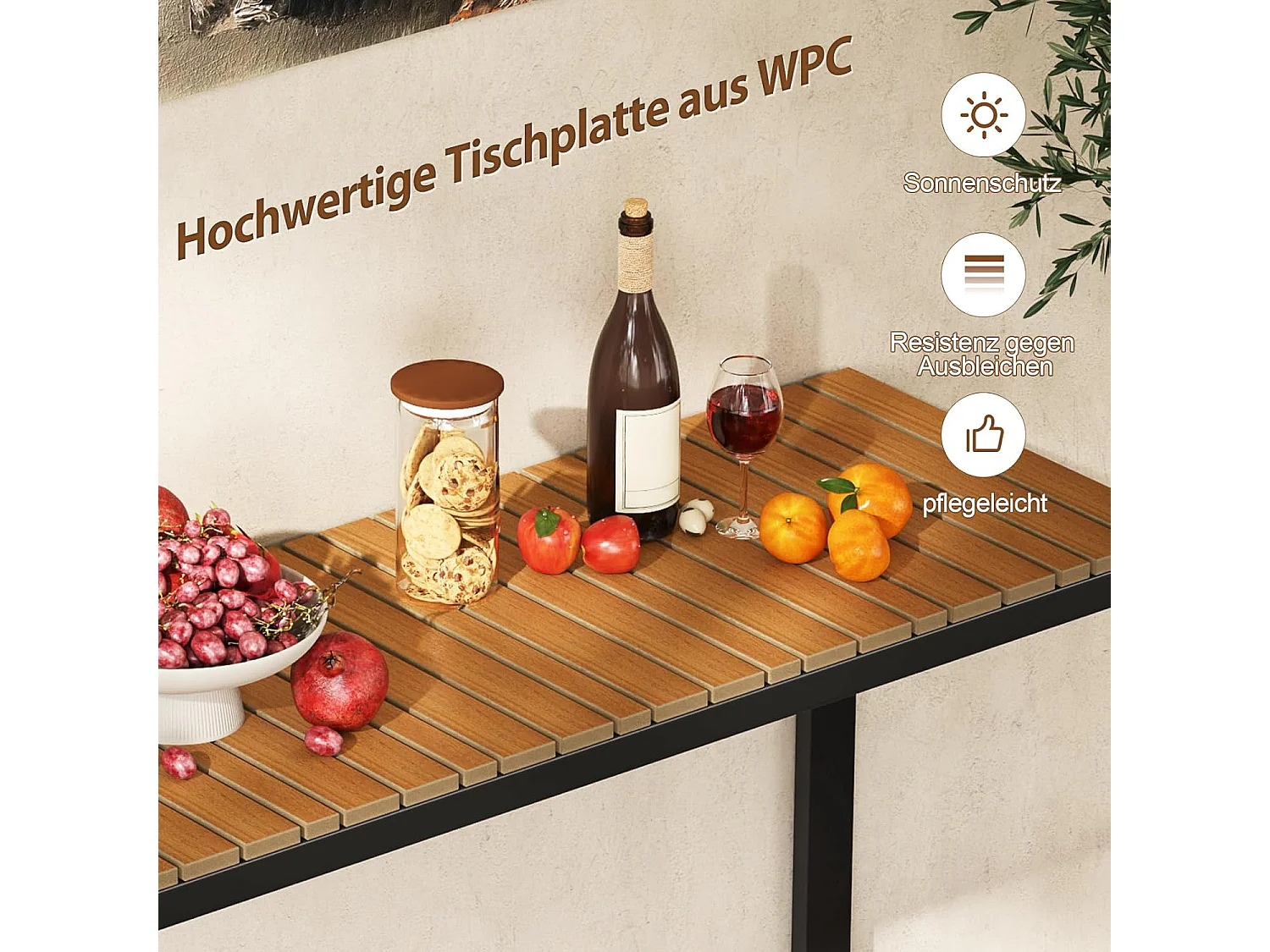 Tuintafel, weerbestendig, 129 x 42 cm, terrastafel met WPC-tafelblad en metalen frame, rechthoekige balkontafel, outdoor-eettafel voor balkon, terras, tuin