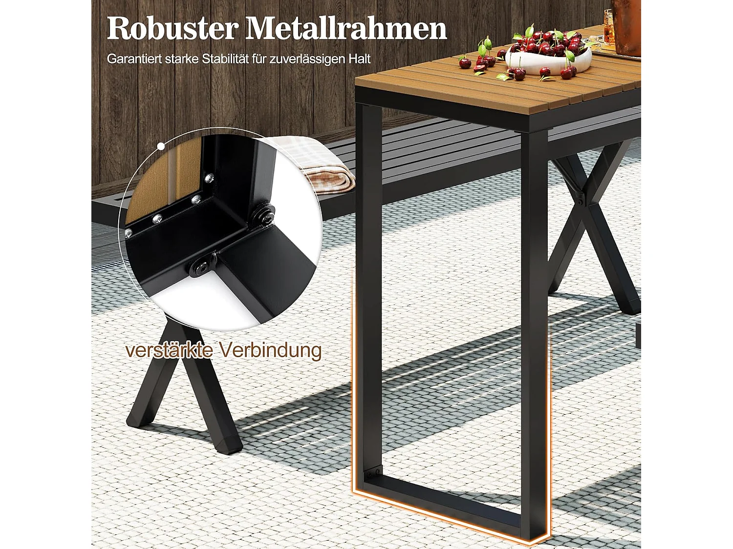 Tuintafel, weerbestendig, 129 x 42 cm, terrastafel met WPC-tafelblad en metalen frame, rechthoekige balkontafel, outdoor-eettafel voor balkon, terras, tuin