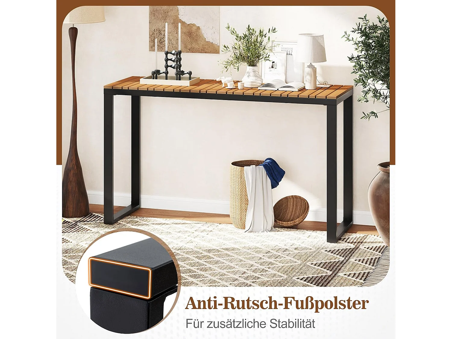 Tuintafel, weerbestendig, 129 x 42 cm, terrastafel met WPC-tafelblad en metalen frame, rechthoekige balkontafel, outdoor-eettafel voor balkon, terras, tuin