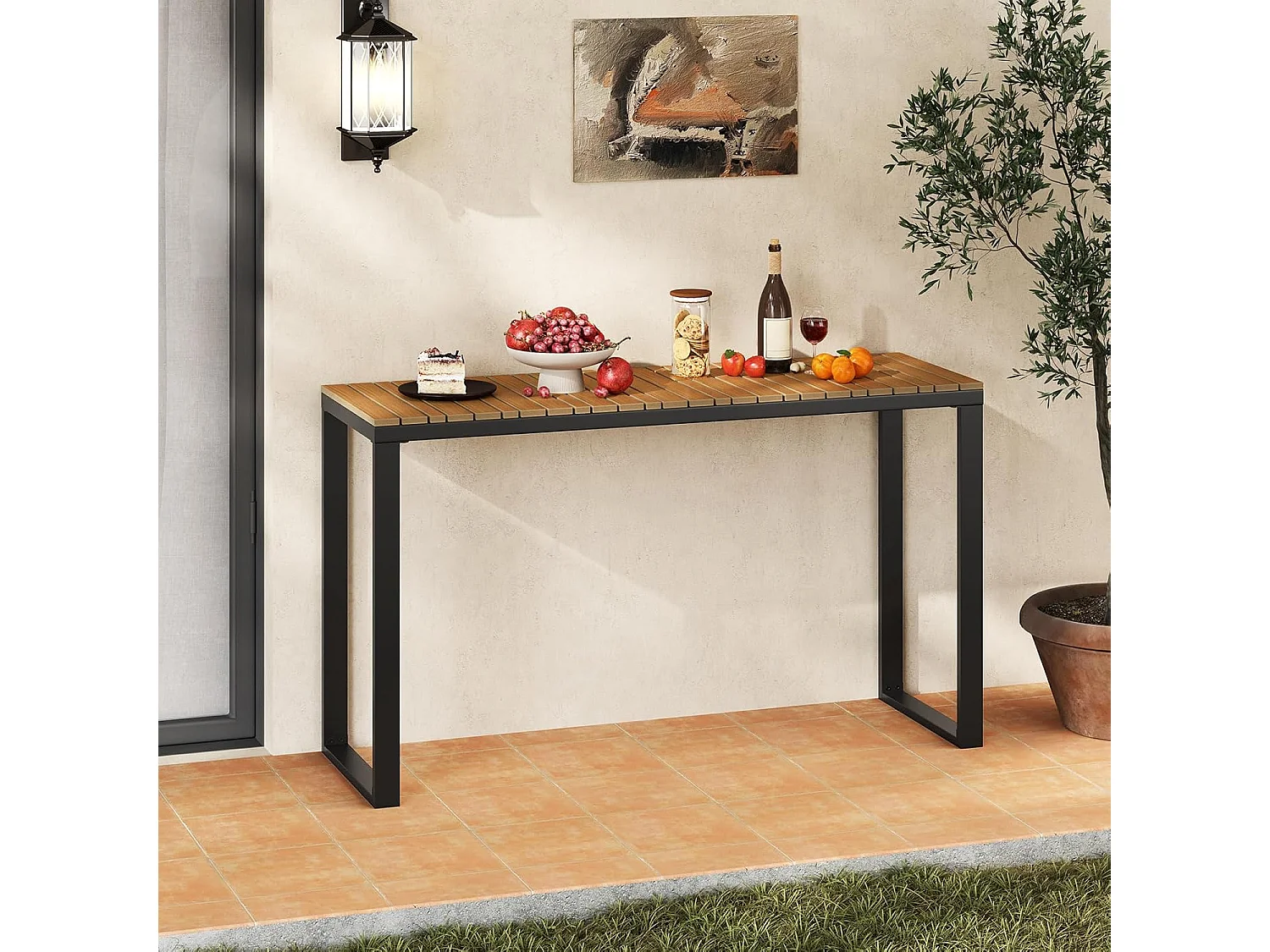 Tuintafel, weerbestendig, 129 x 42 cm, terrastafel met WPC-tafelblad en metalen frame, rechthoekige balkontafel, outdoor-eettafel voor balkon, terras, tuin