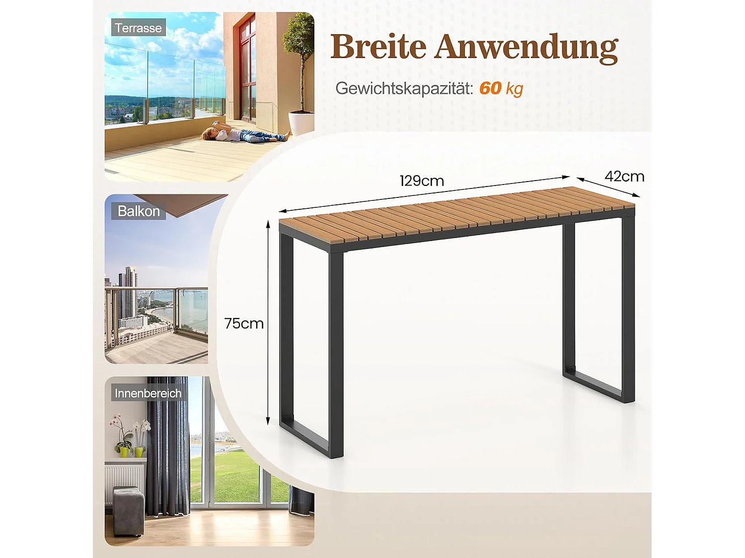 Tuintafel, weerbestendig, 129 x 42 cm, terrastafel met WPC-tafelblad en metalen frame, rechthoekige balkontafel, outdoor-eettafel voor balkon, terras, tuin