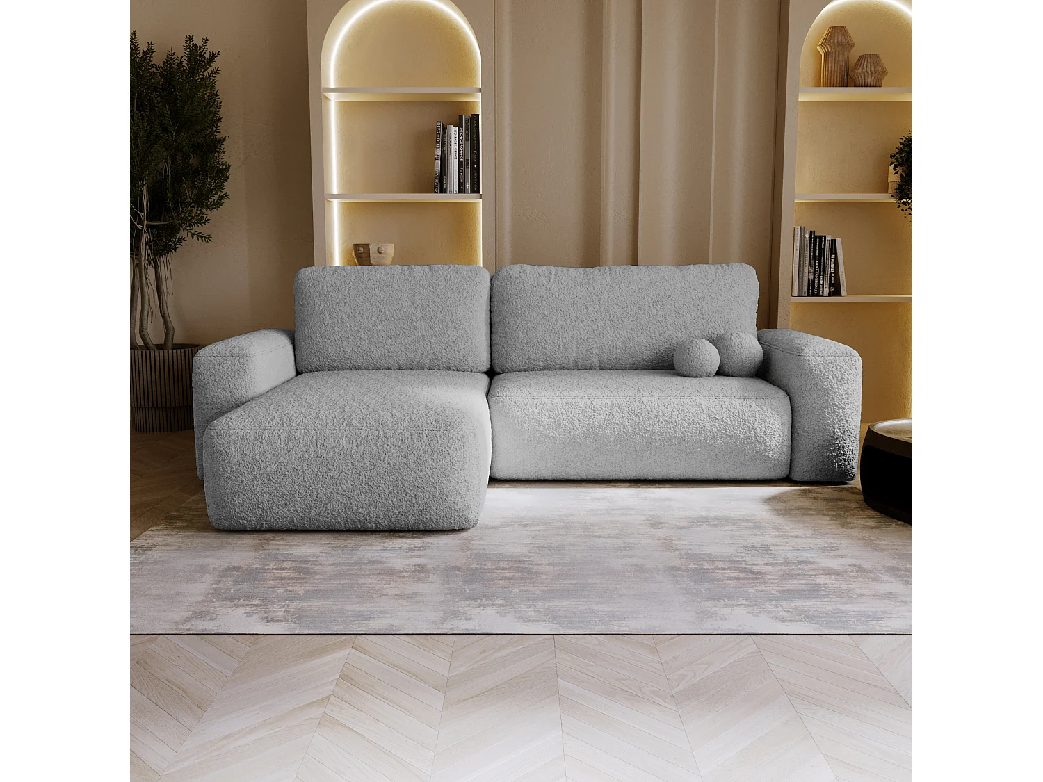 BESILIO Narożnik lewostronny rozkładany Ornello L- okrągłe poduszki, z funkcją spania, szezlong w boucle - Jasnoszary