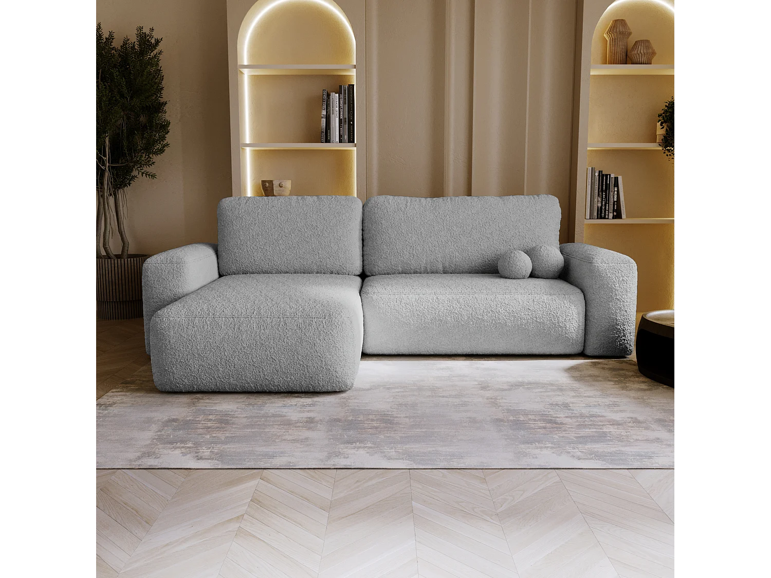 BESILIO Canapé d’angle gauche convertible Ornello L – coussins ronds, fonction lit, méridienne en tissu bouclé – Gris clair