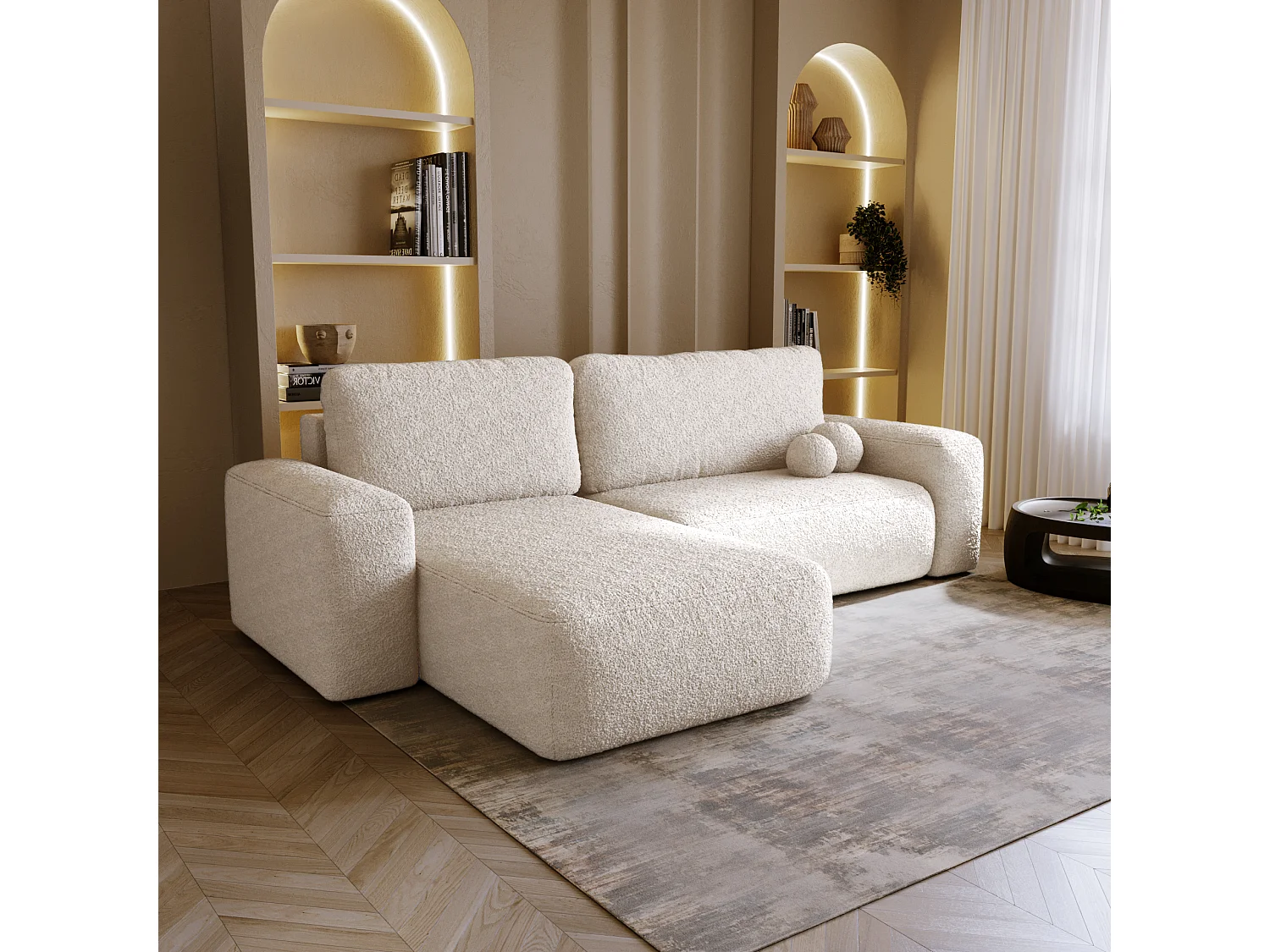 BESILIO Narożnik lewostronny rozkładany Ornello L- okrągłe poduszki, z funkcją spania, szezlong w boucle - Beżowy