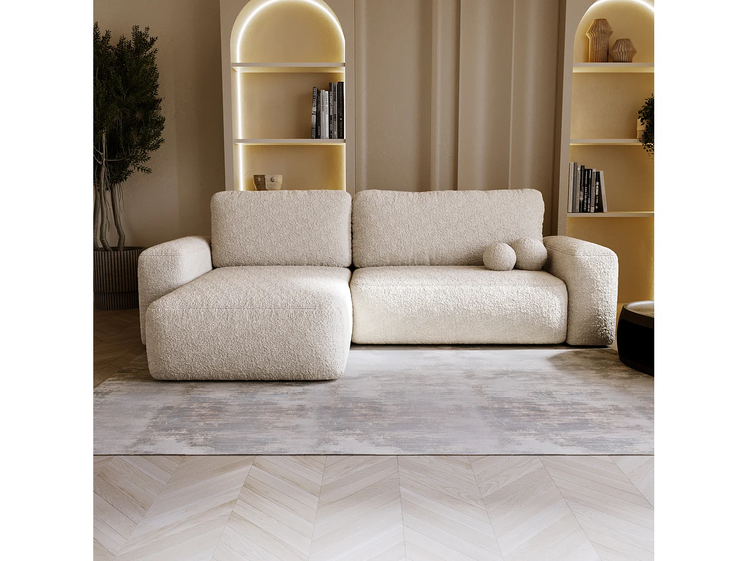 BESILIO Narożnik lewostronny rozkładany Ornello L- okrągłe poduszki, z funkcją spania, szezlong w boucle - Beżowy