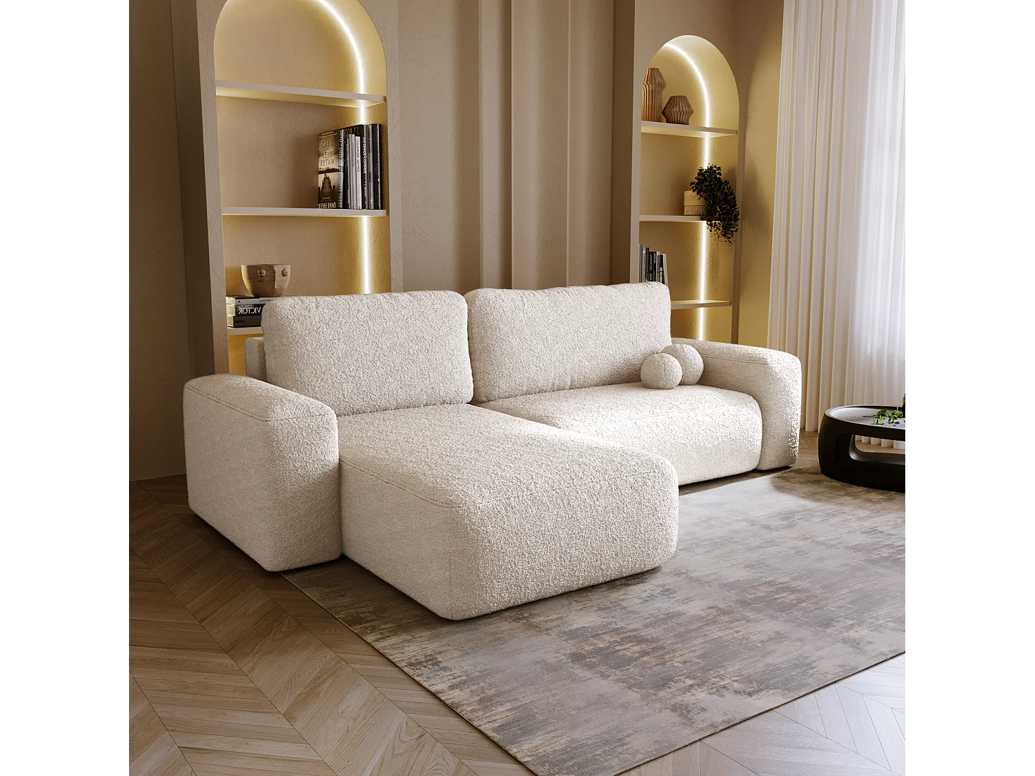 BESILIO Canapé d’angle gauche convertible Ornello L – coussins ronds, fonction lit, méridienne en tissu bouclé – Beige