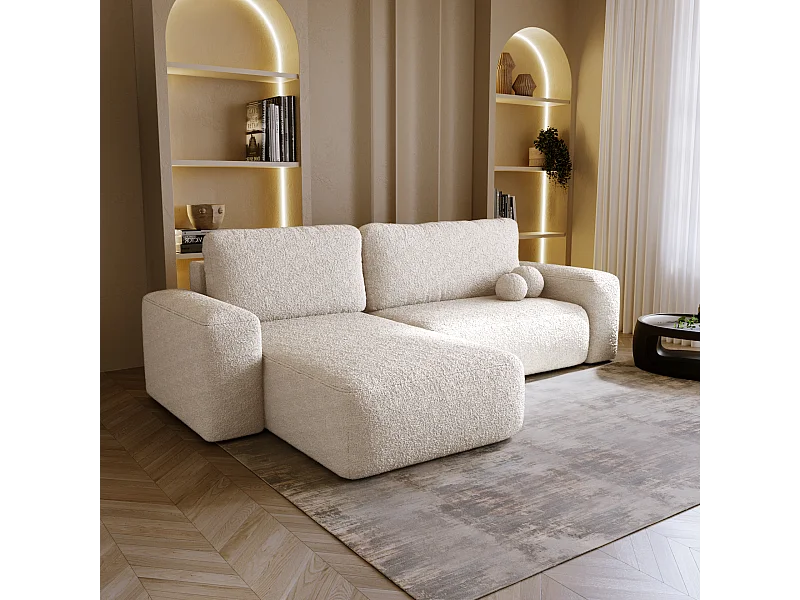 BESILIO Narożnik lewostronny rozkładany Ornello L- okrągłe poduszki, z funkcją spania, szezlong w boucle - Beżowy