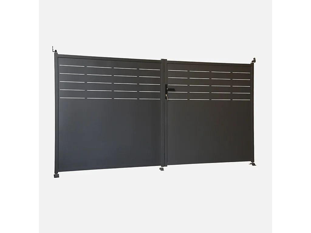 Portail de jardin acier galvanisé anthracite 2 portes avec serrure et poignée. fixation mur et sol - Axis