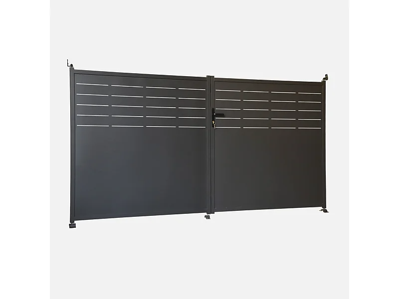 Portail de jardin acier galvanisé anthracite 2 portes avec serrure et poignée. fixation mur et sol - Axis