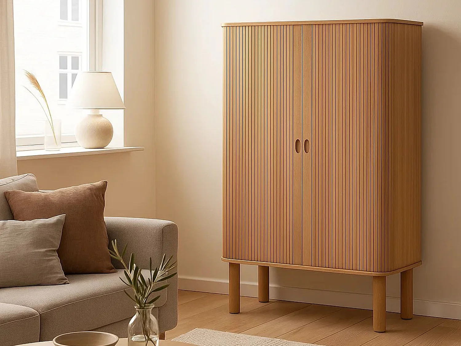 Komoda Ligna 145x80 z drzwiami lamelowymi, kolor Oak lacquered