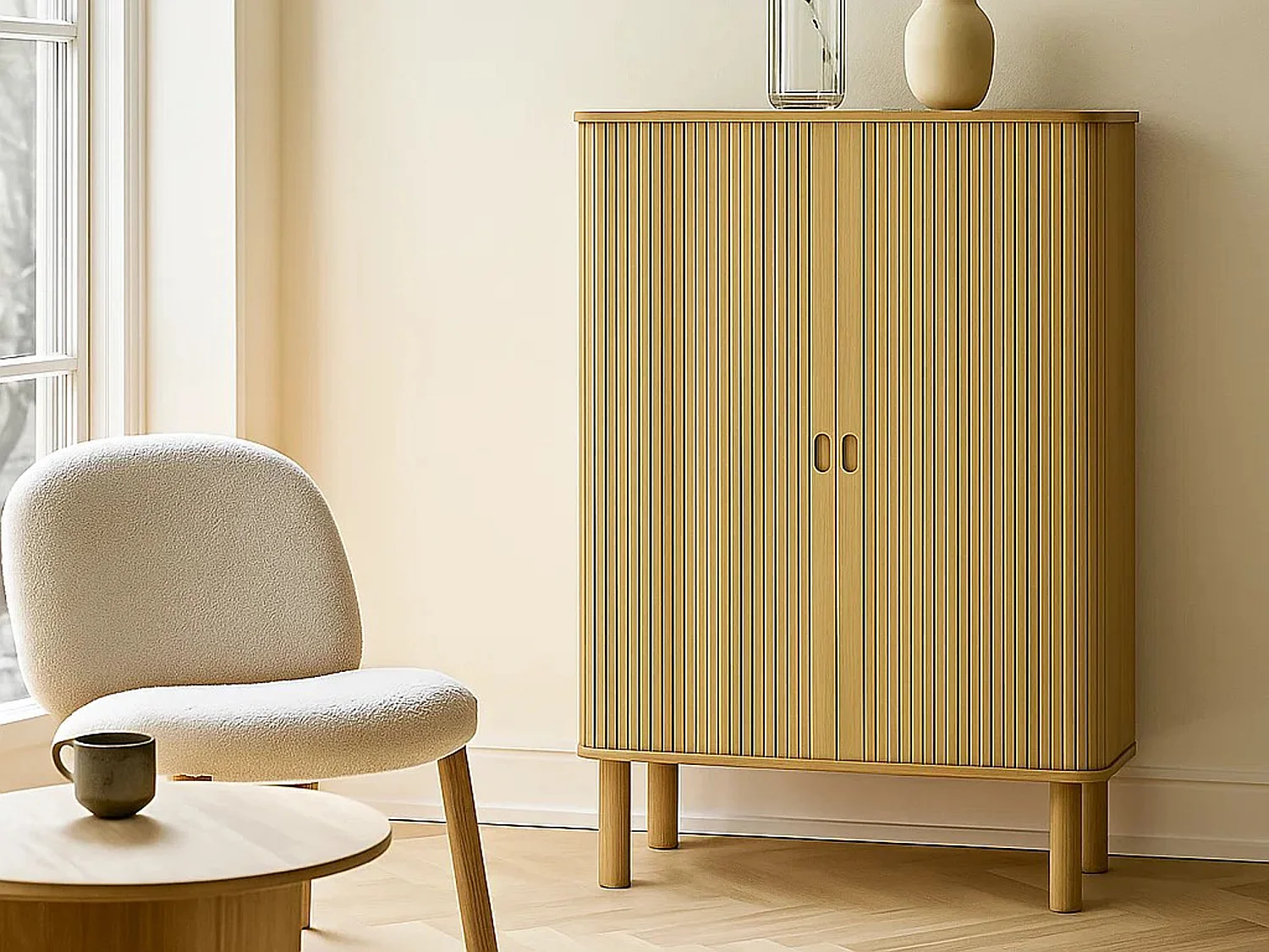 Komoda Ligna 145x80 z drzwiami lamelowymi, kolor Oak lacquered