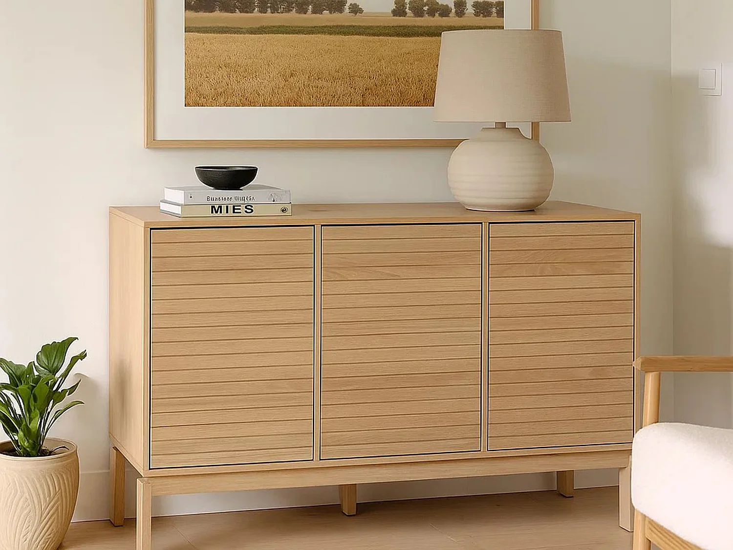 Komoda Cortina z frontem lamelowym, kolor dębowy bielony olejowany
