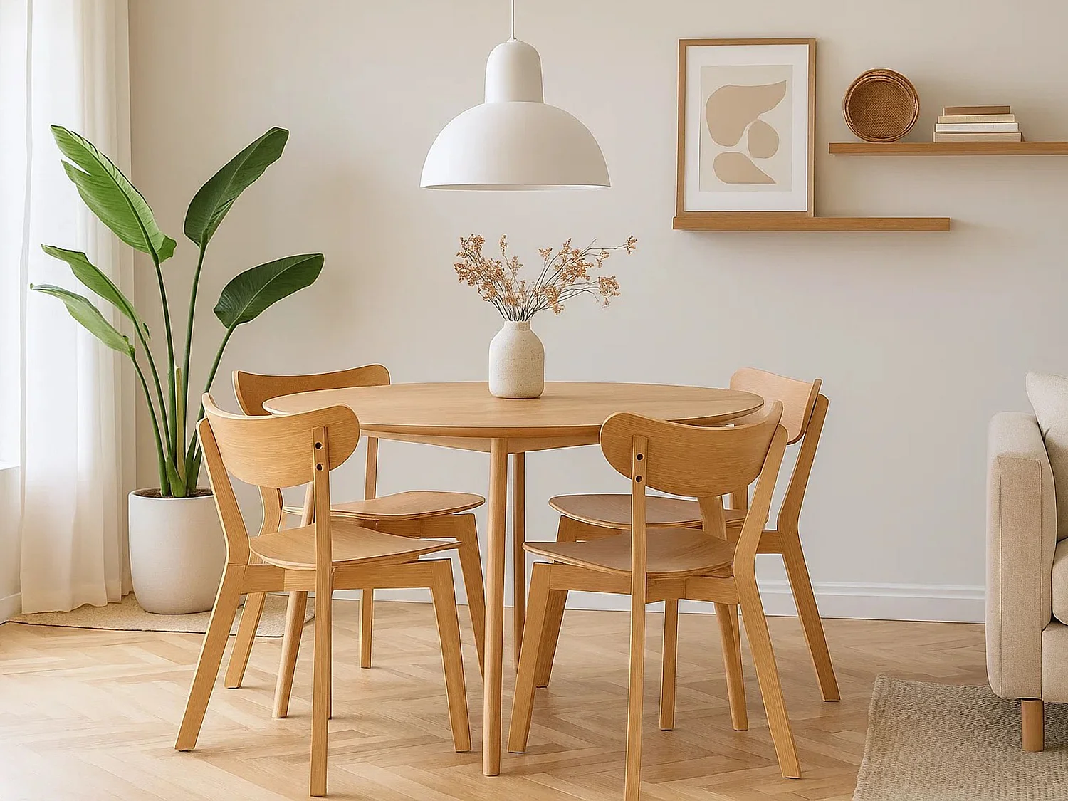 Zestaw jadalniany Lumo – stół okrągły z 4 krzesłami, kolor dębowy lakierowany