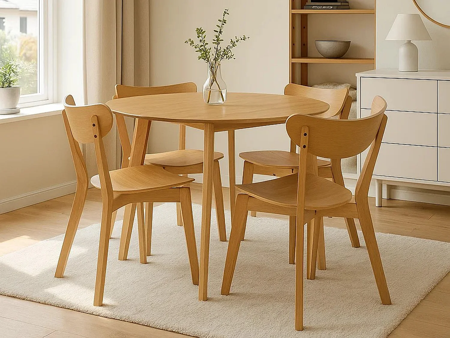 Zestaw jadalniany Lumo – stół okrągły z 4 krzesłami, kolor dębowy lakierowany