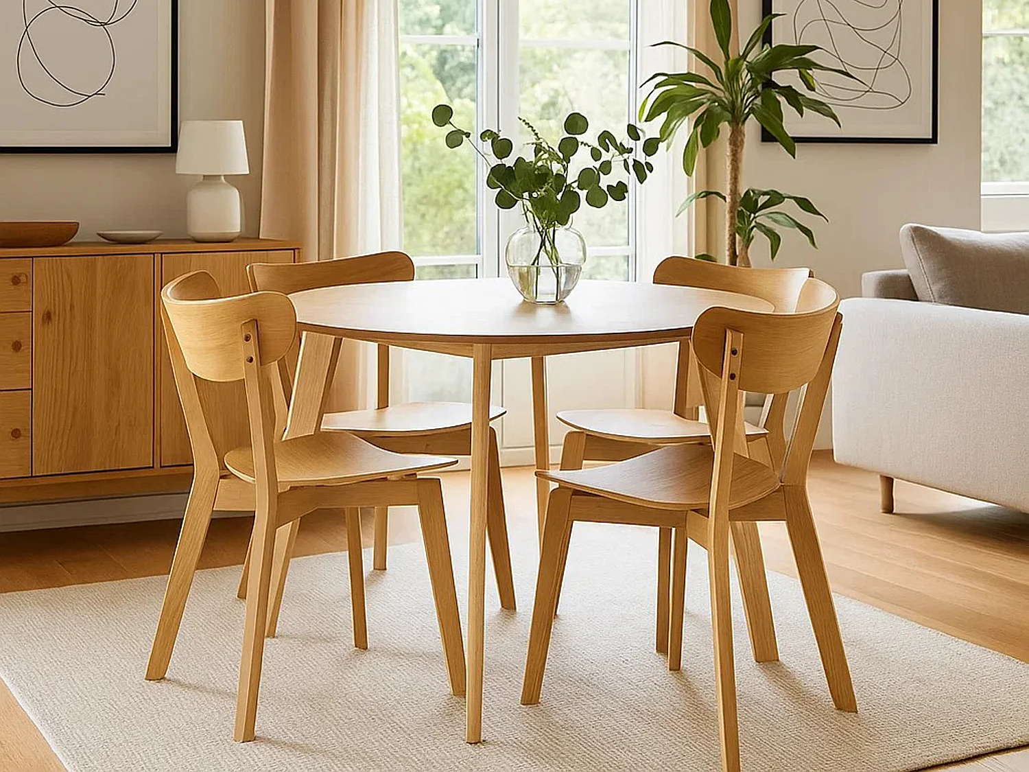 Zestaw jadalniany Lumo – stół okrągły z 4 krzesłami, kolor dębowy lakierowany