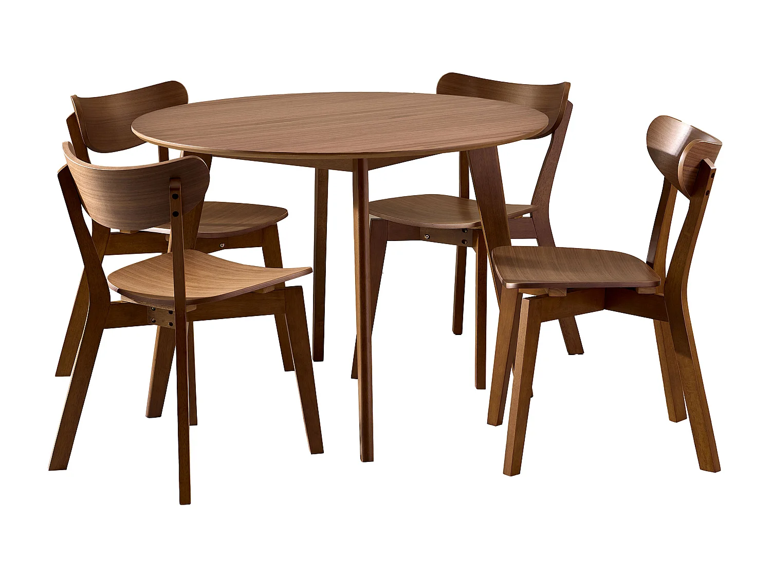 Zestaw jadalniany Lumo – stół okrągły z 4 krzesłami, kolor orzech włoski lakierowany