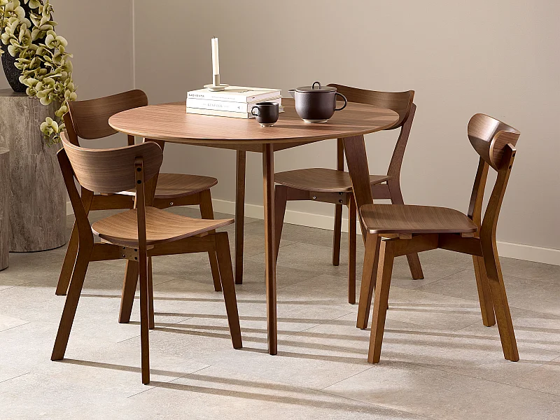 Zestaw jadalniany Lumo – stół okrągły z 4 krzesłami, kolor orzech włoski lakierowany