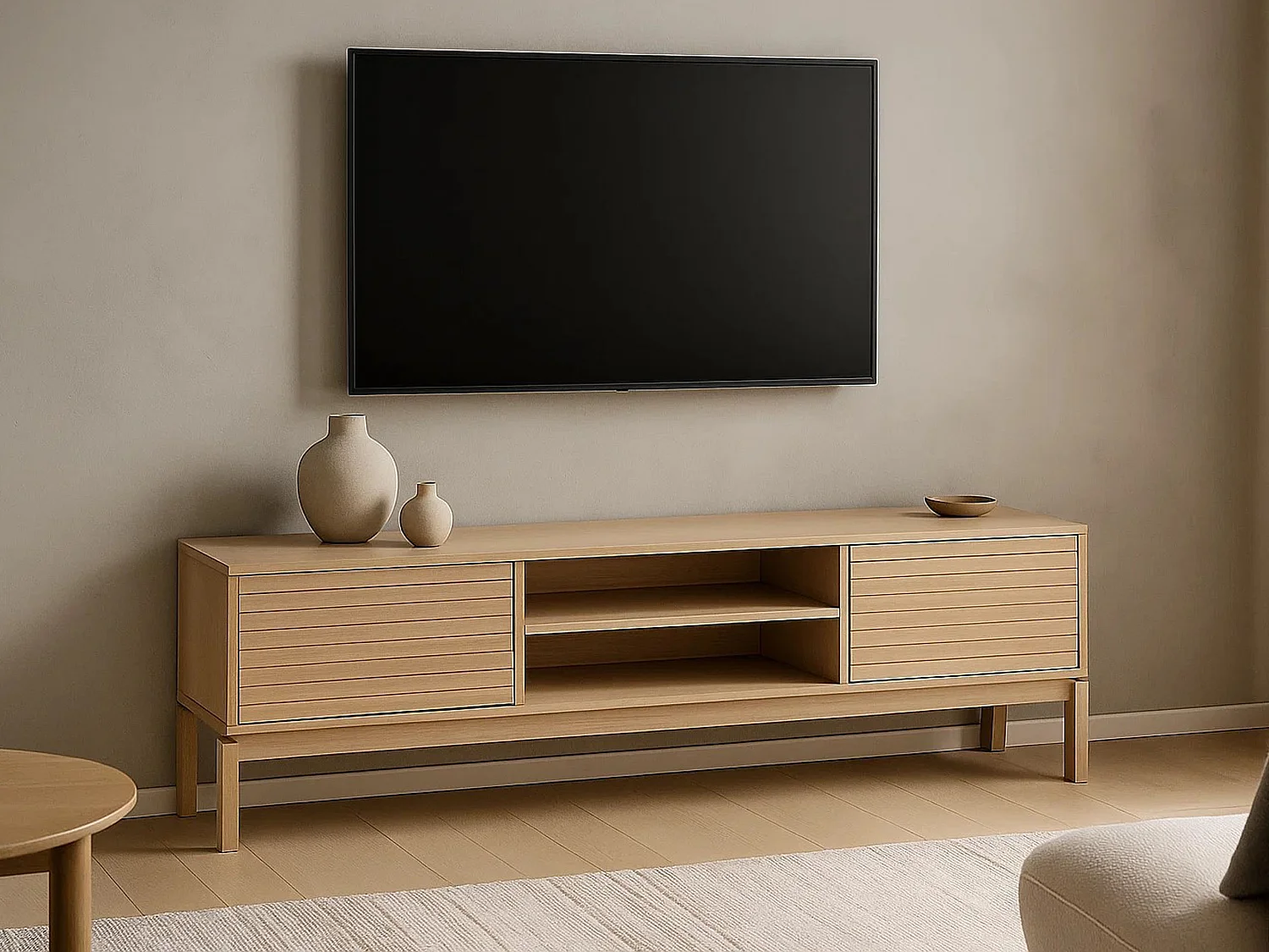 Szafka RTV Cortina 160 cm z frontem lamelowym, kolor dębowy bielony olejowany