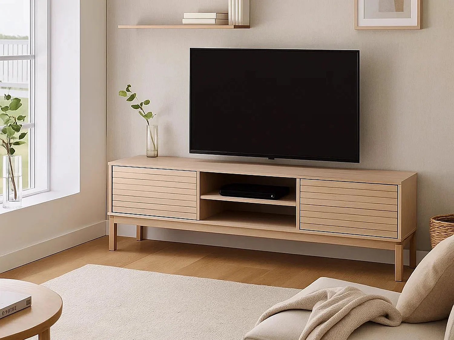 Szafka RTV Cortina 160 cm z frontem lamelowym, kolor dębowy bielony olejowany