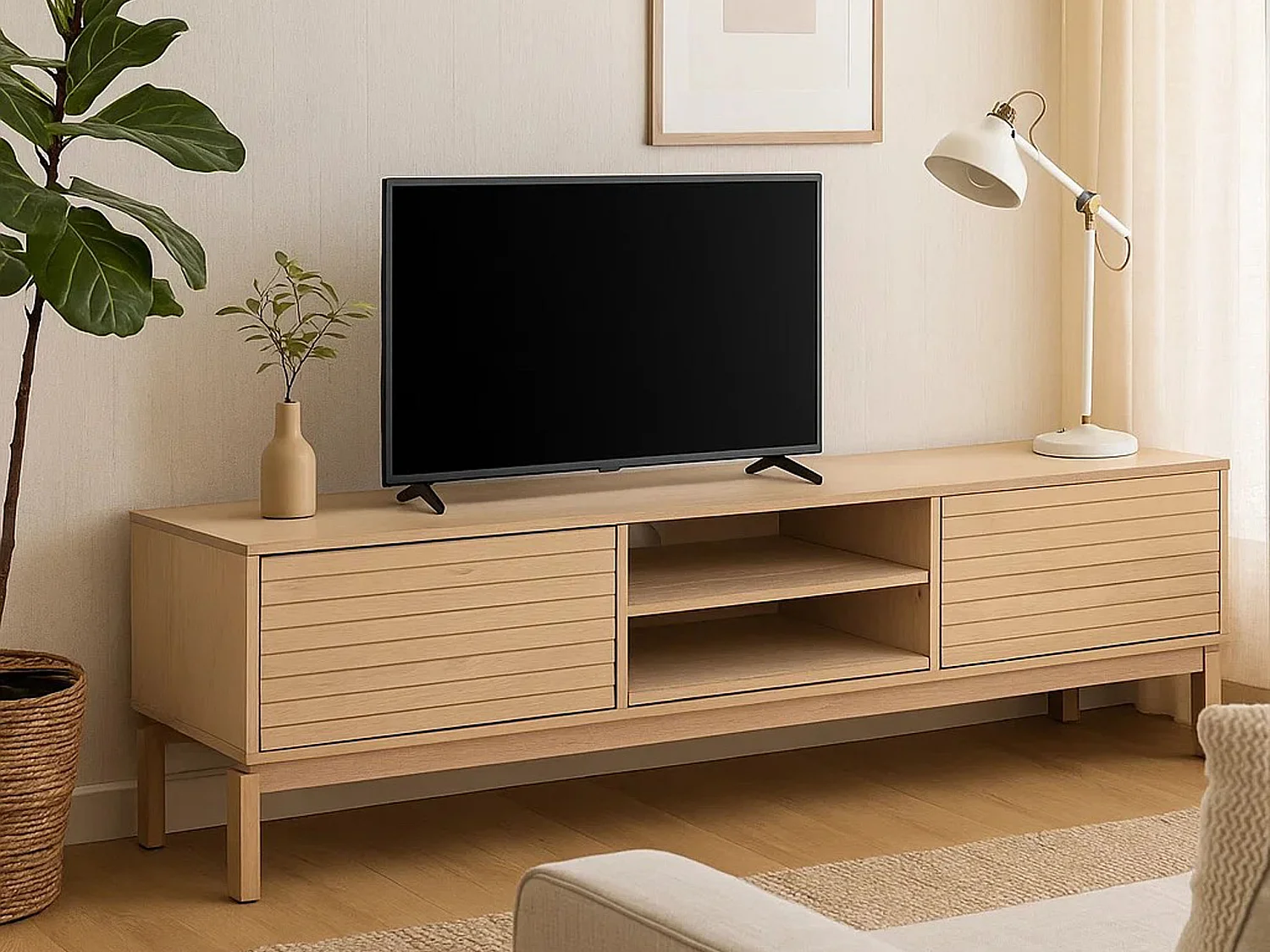 Szafka RTV Cortina 160 cm z frontem lamelowym, kolor dębowy bielony olejowany