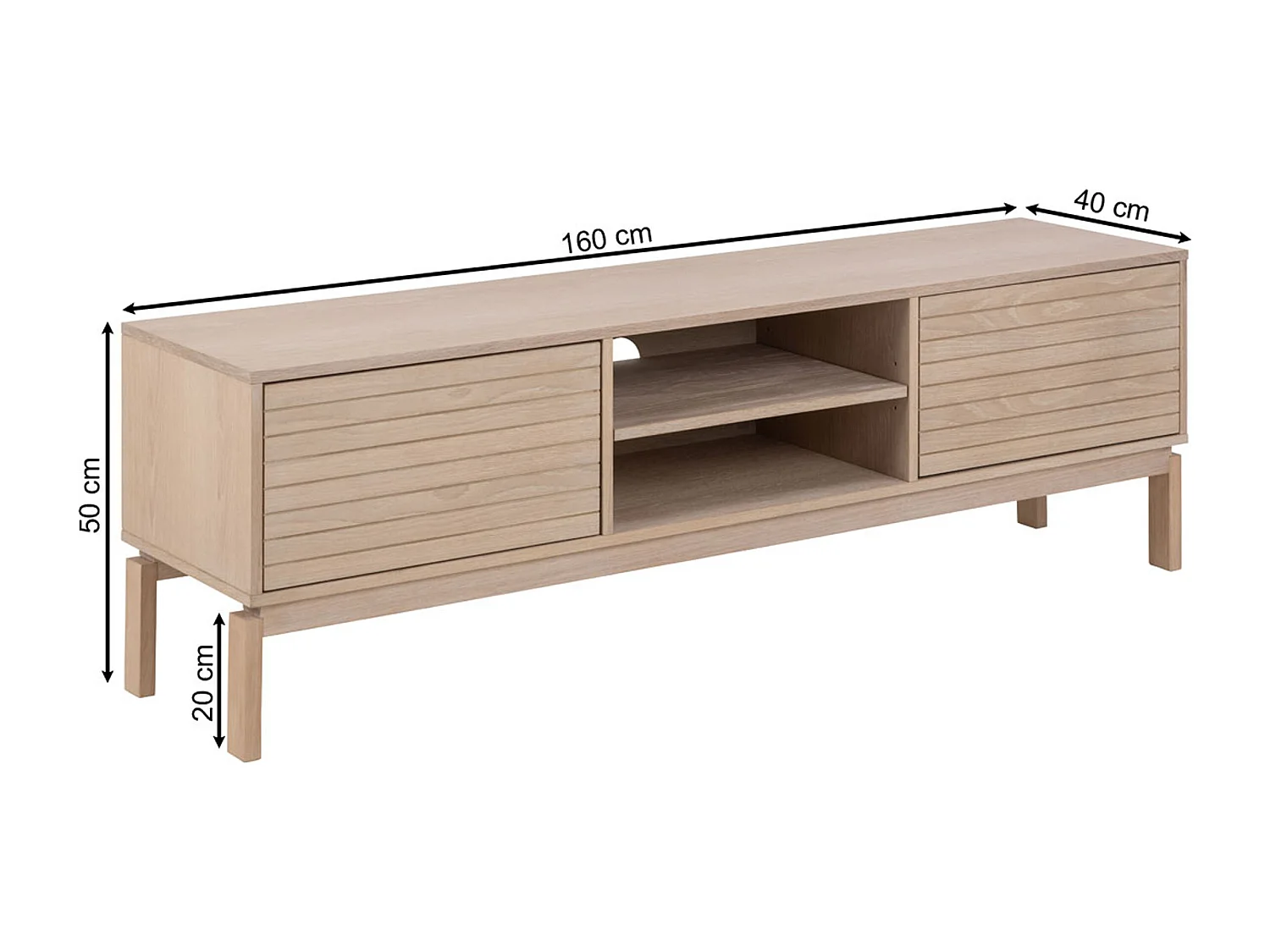 Szafka RTV Cortina 160 cm z frontem lamelowym, kolor dębowy bielony olejowany