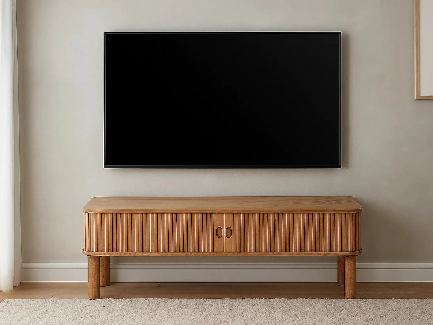 Meuble TV Ligna 140 cm portes lamellées, couleur chêne laqué