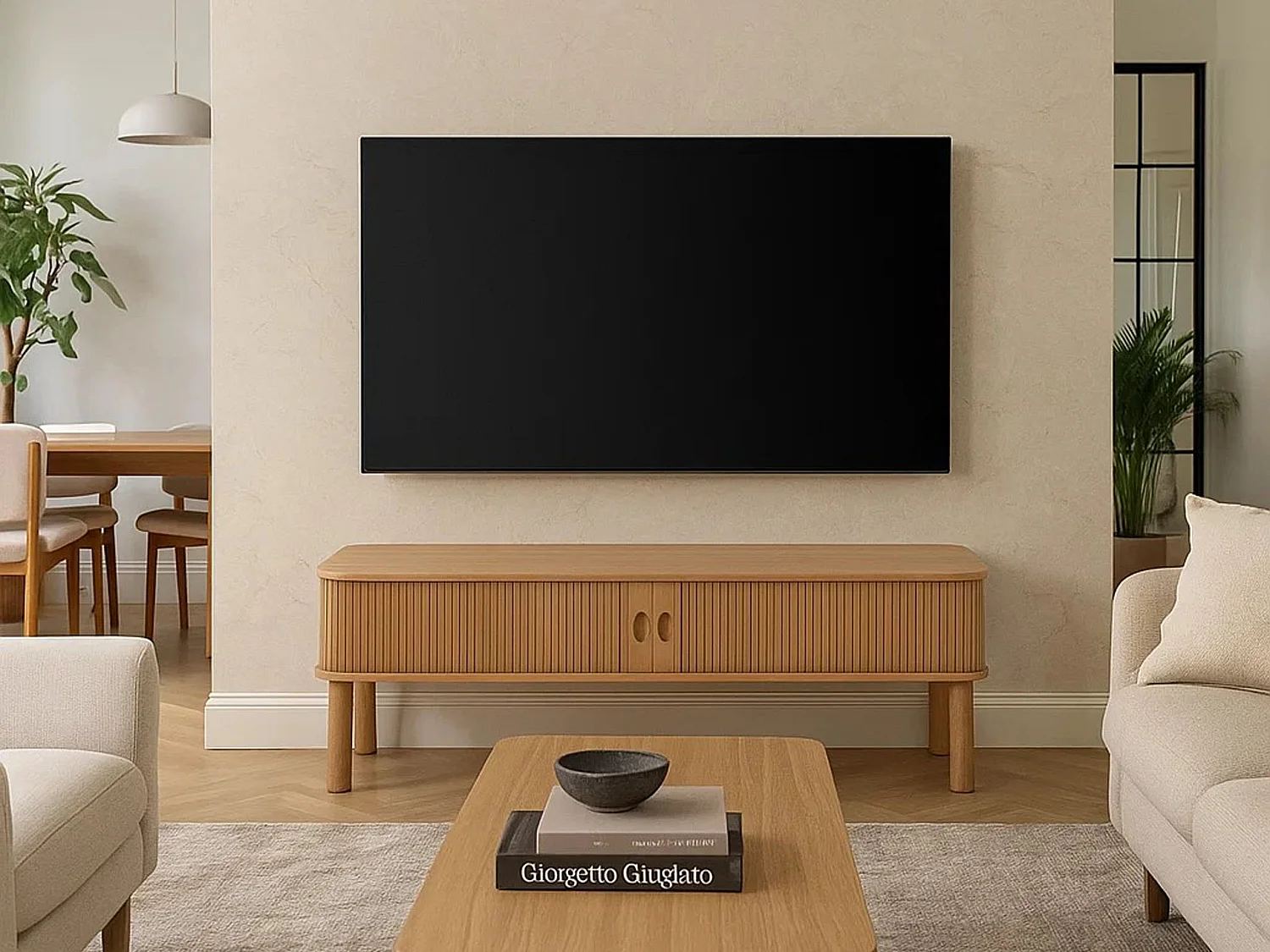 Meuble TV Ligna 140 cm portes lamellées, couleur chêne laqué