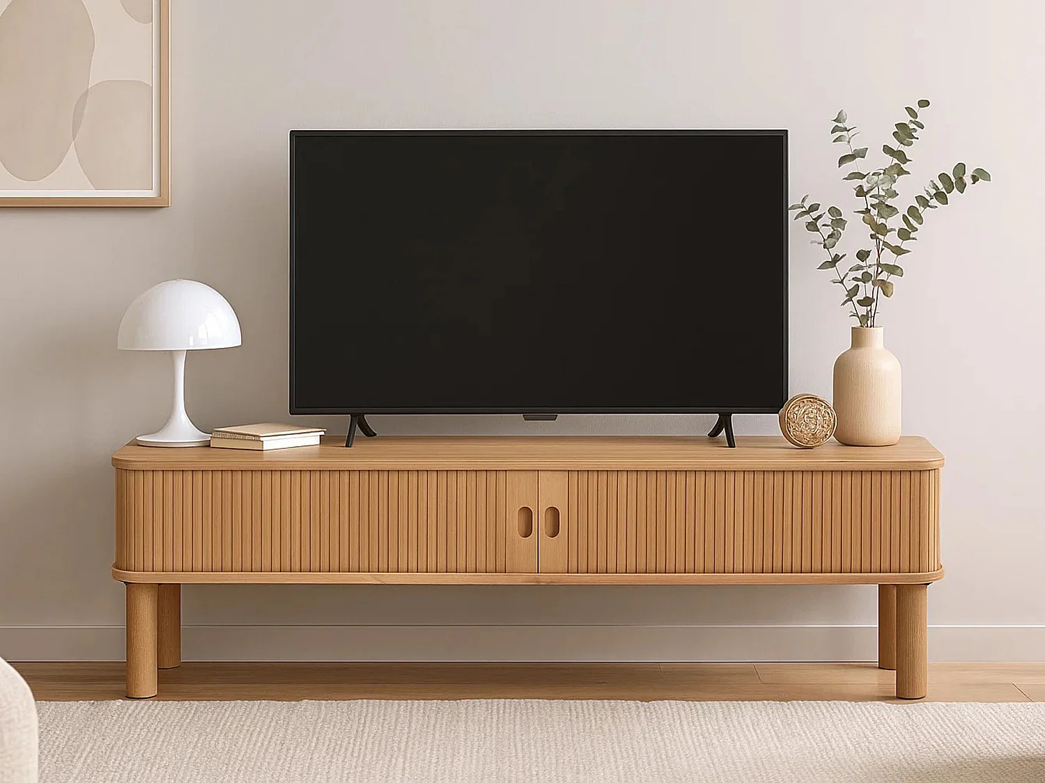 Meuble TV Ligna 140 cm portes lamellées, couleur chêne laqué