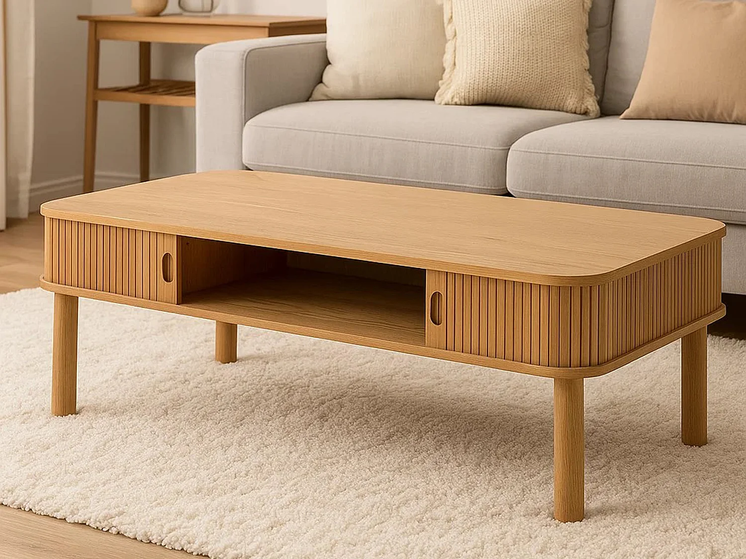 Banc Ligna 130 cm à lattes avec étagère, couleur Oak lacquered