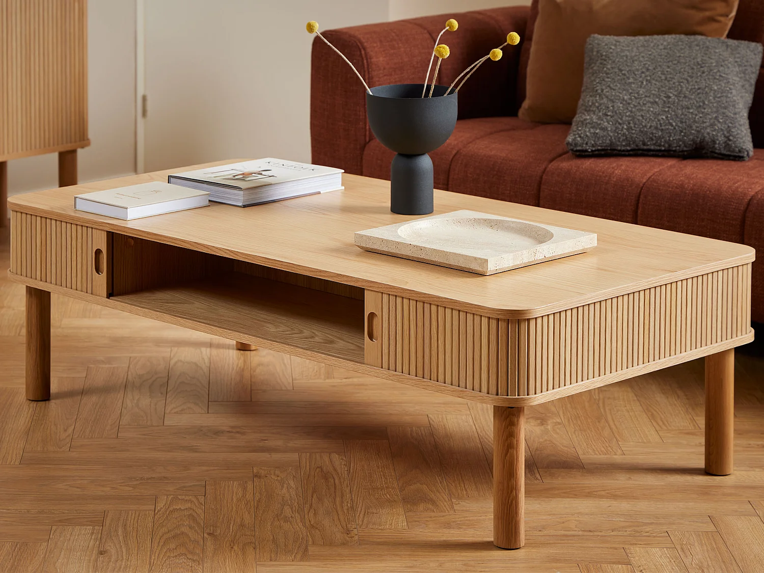 Banc Ligna 130 cm à lattes avec étagère, couleur Oak lacquered