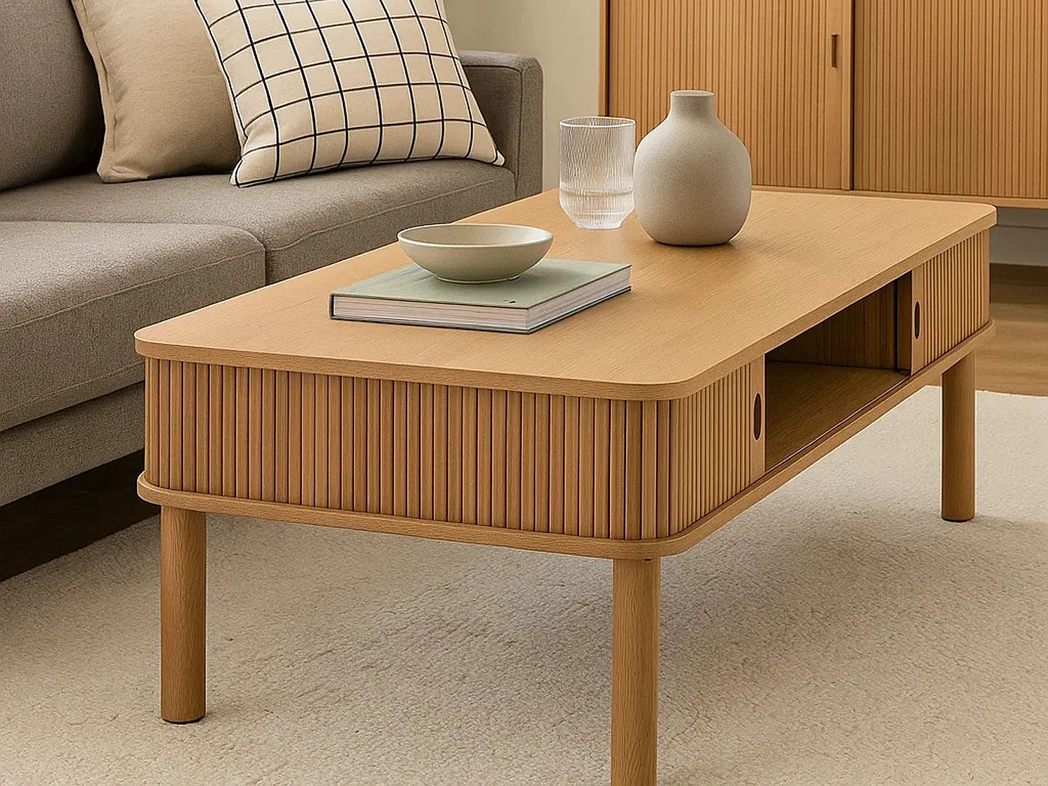 Banc Ligna 130 cm à lattes avec étagère, couleur Oak lacquered