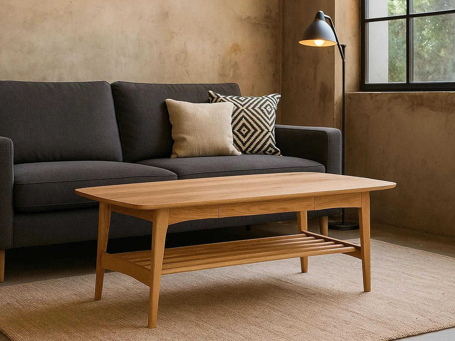Banc Freja en bois 130 cm avec étagère et tiroir, couleur chêne huilé