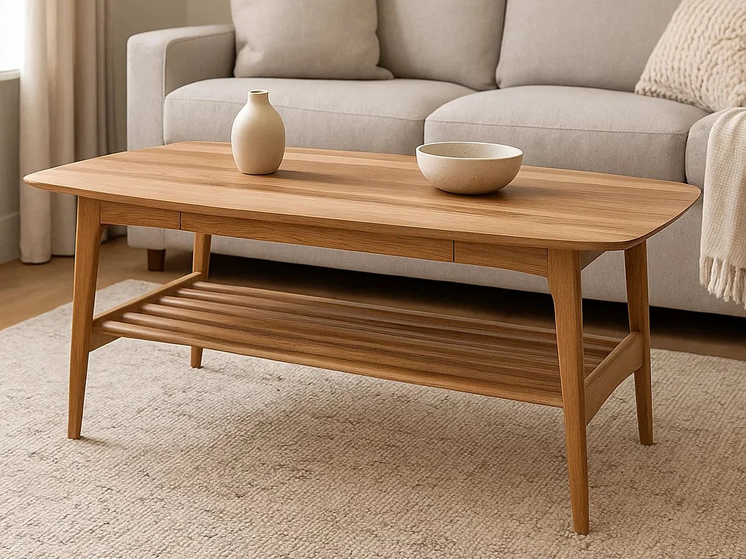 Banc Freja en bois 130 cm avec étagère et tiroir, couleur chêne huilé