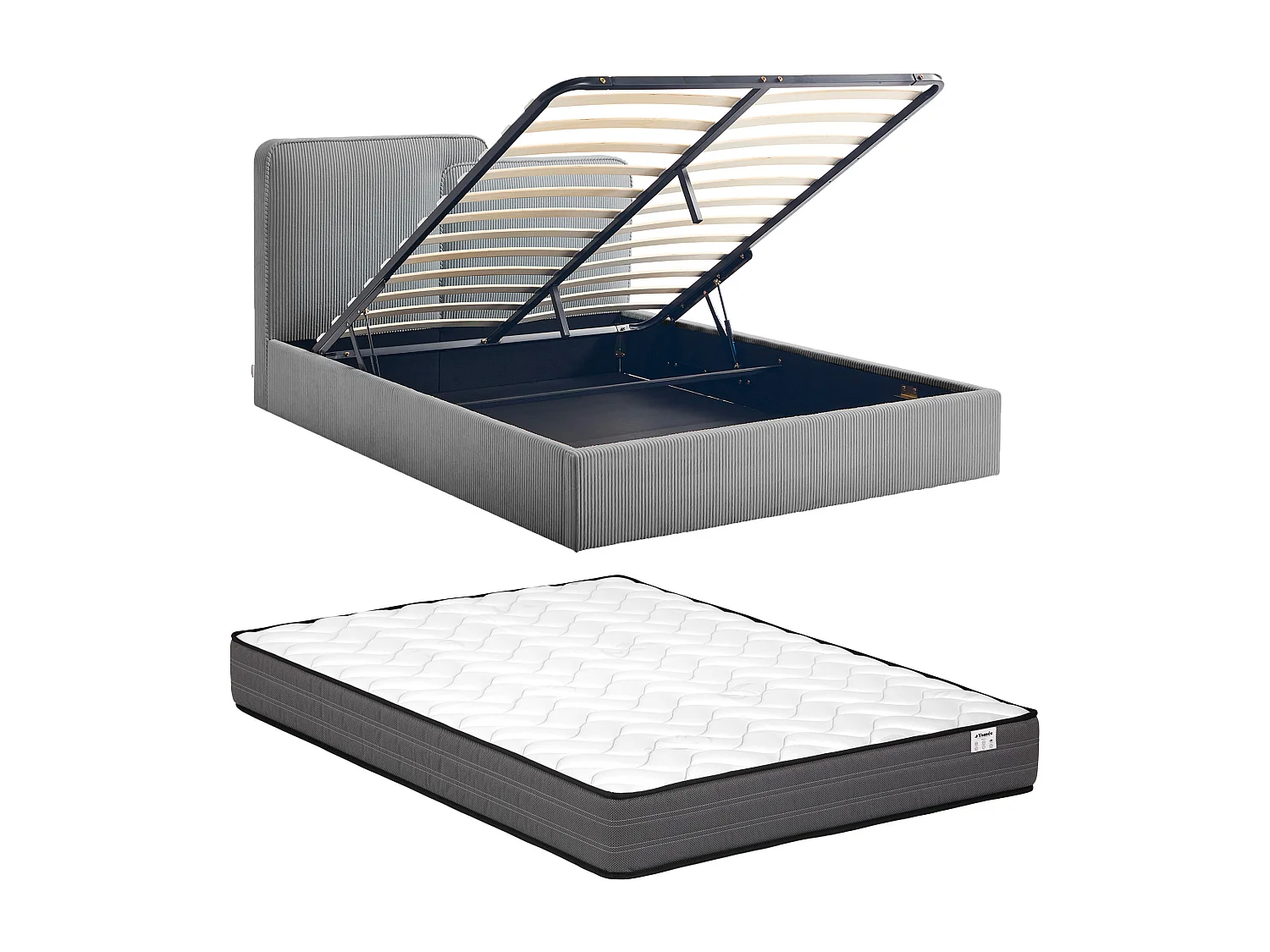 Lit coffre 140 x 190 cm - Velours côtelé - Gris + Matelas - NAYOLA