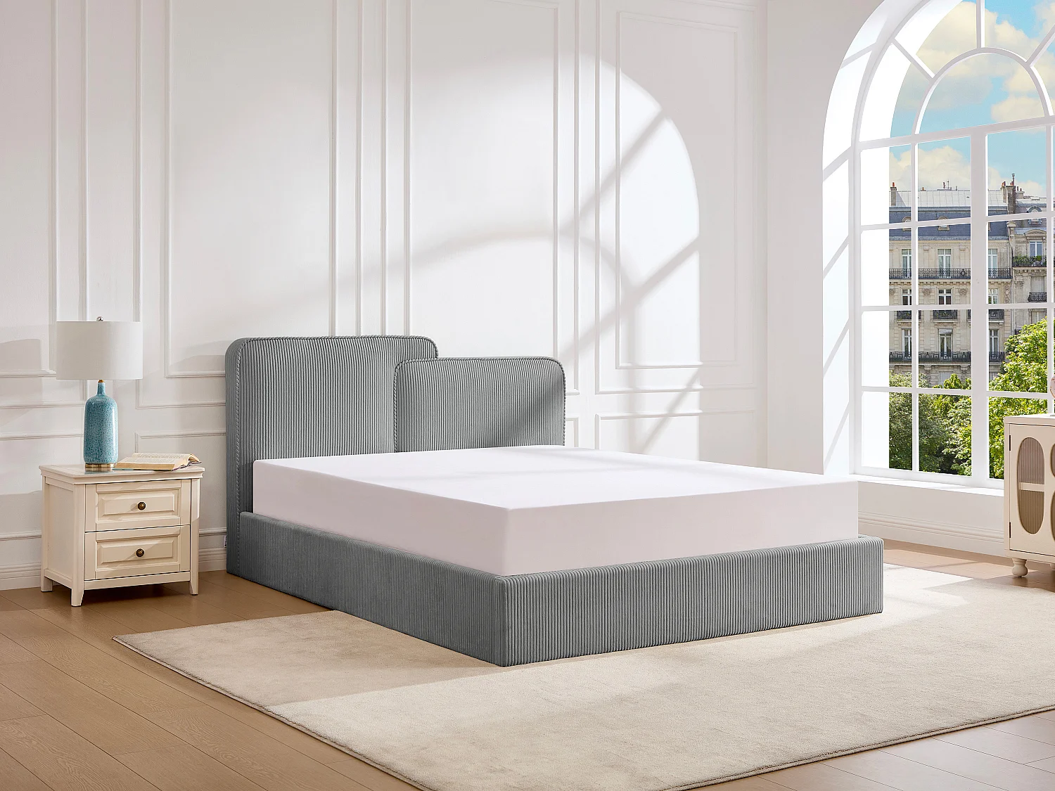 Lit coffre 160 x 200 cm - Velours côtelé - Gris + Matelas - NAYOLA