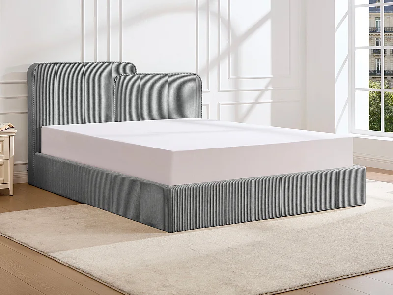 Lit coffre 180 x 200 cm - Velours côtelé - Gris + Matelas - NAYOLA
