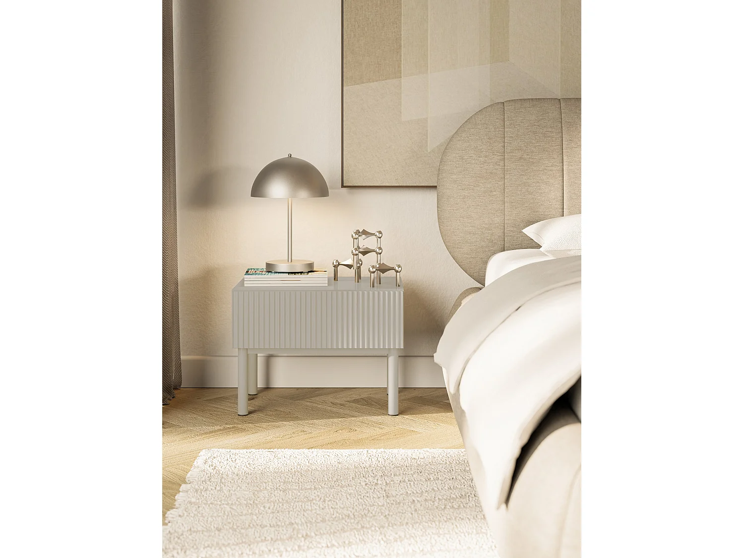 Table de chevet avec façade à rainures et tiroir – 50 cm – greige – Veldio New