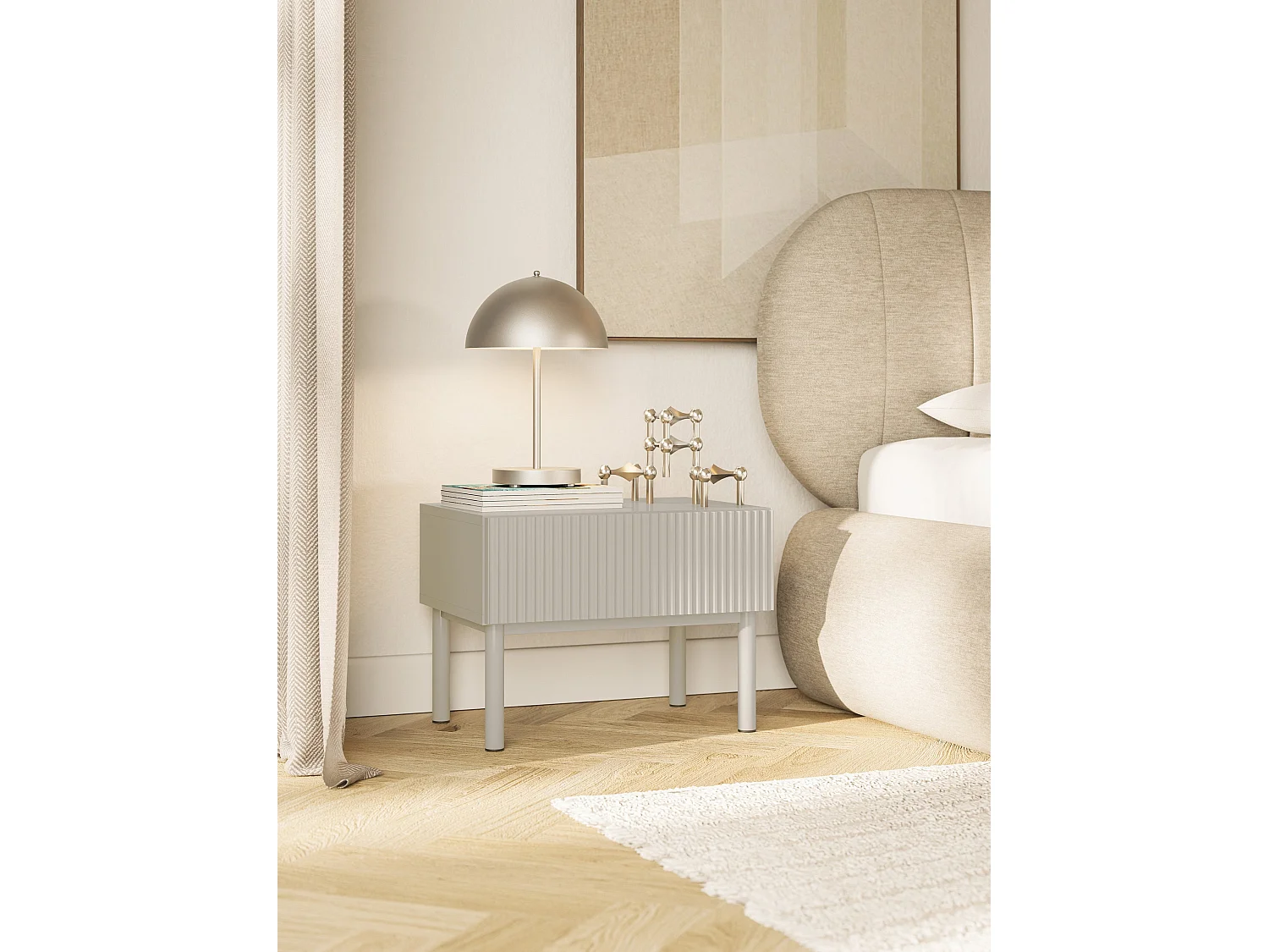 Table de chevet avec façade à rainures et tiroir – 50 cm – greige – Veldio New