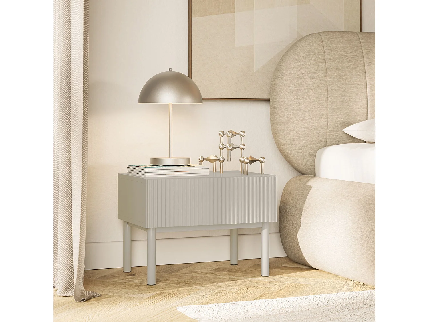 Comodino con frontale a doghe e cassetto – Greige – 50 cm – VELDIO NEW