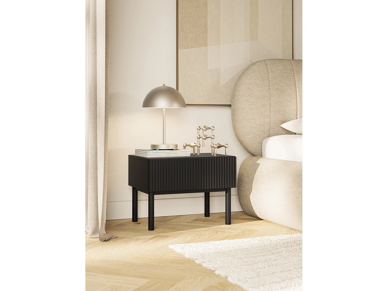 Table de chevet avec façade à rainures et tiroir – 50 cm – noir – Veldio New