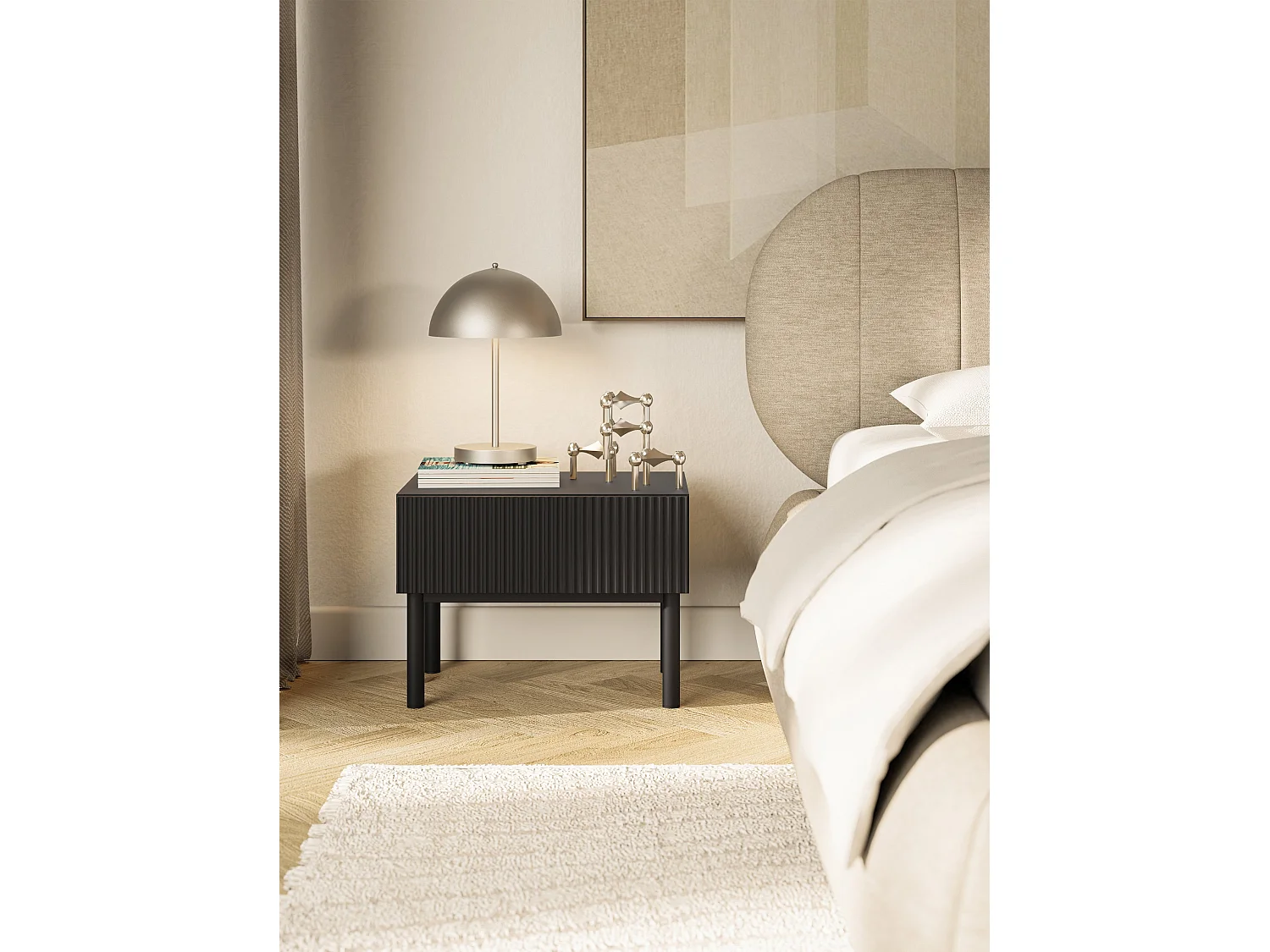 Comodino con frontale a doghe e cassetto – Nero – 50 cm – VELDIO NEW