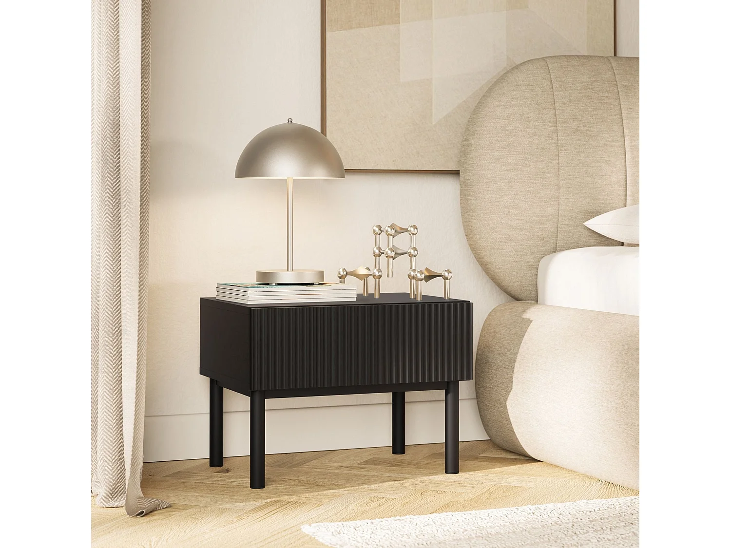 Nachtkastje met groefstructuur en lade – Zwart – 50 cm – VELDIO NEW