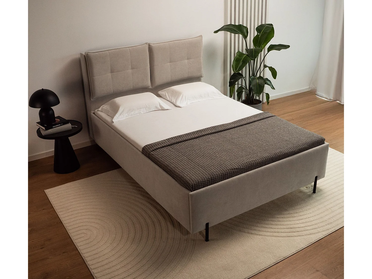 Lit capitonné 140x200 – dossiers rabattables – chenille hydrophobe – beige foncé – BELLEO