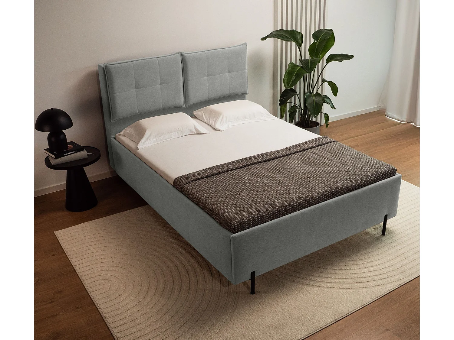 Gestoffeerd bed 180x200 met klaprugkussens – waterbestendige chenille – grijs – BELLEO