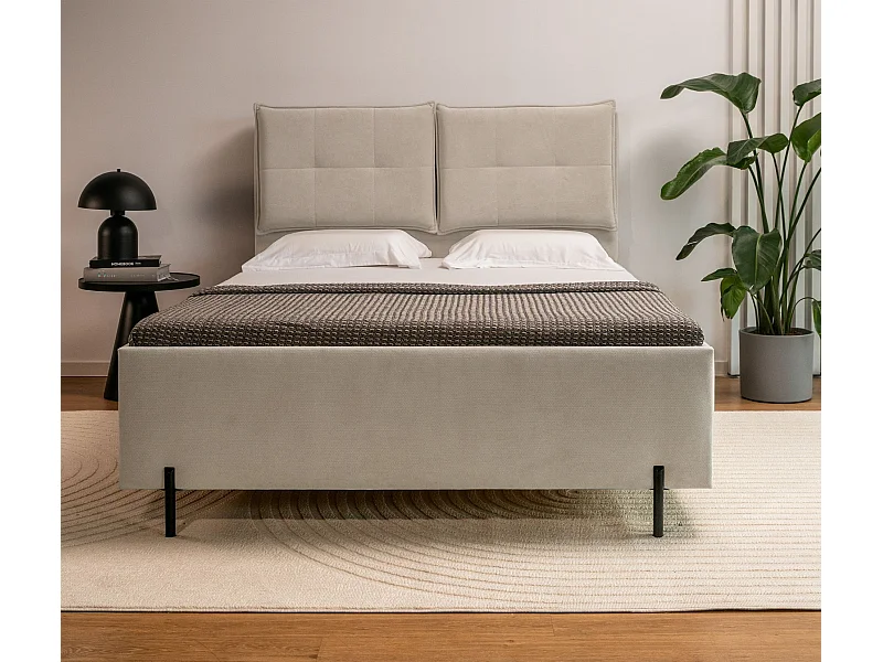 Gestoffeerd bed 160x200 met klaprugkussens – waterbestendige chenille – beige – BELLEO