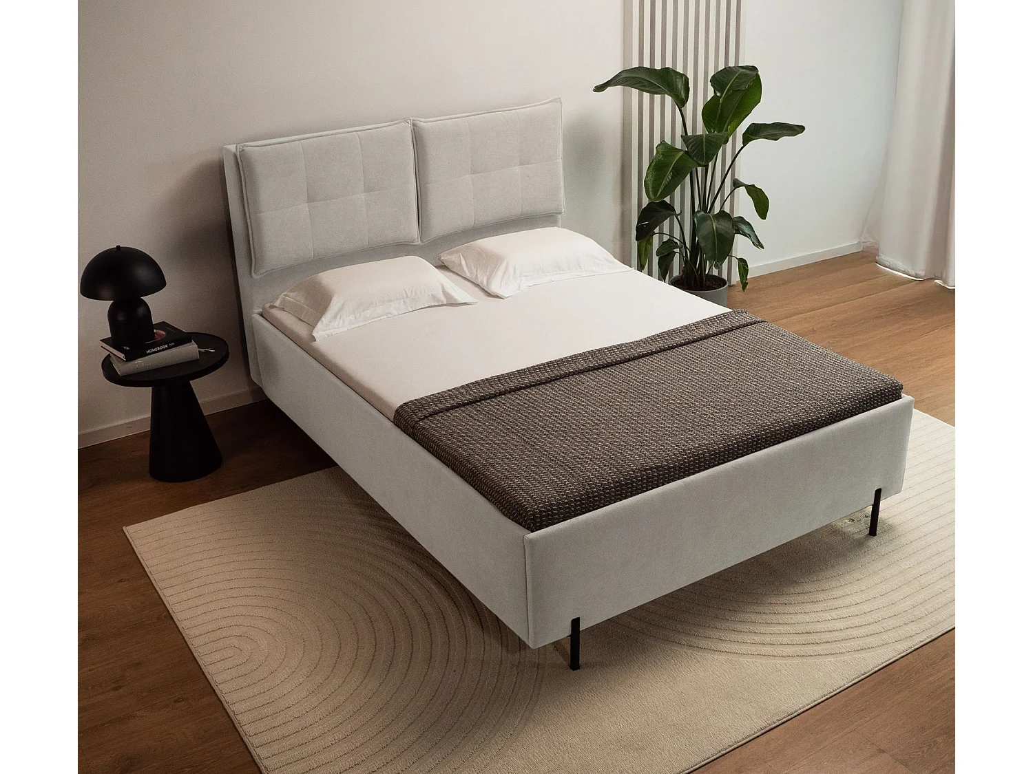 Lit capitonné 140x200 – dossiers rabattables – chenille hydrophobe – grège – BELLEO