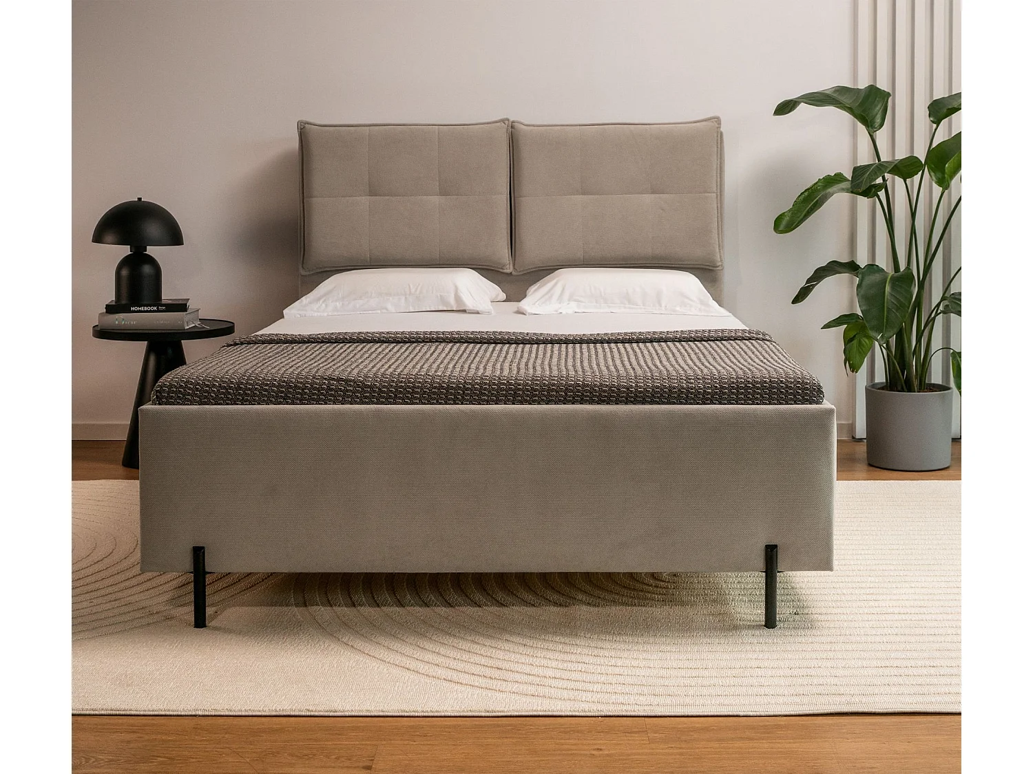 Polsterbett 180x200 mit klappbaren Rückenkissen – wasserfeste Chenille und Stauraum – Dunkelbeige – BELLEO