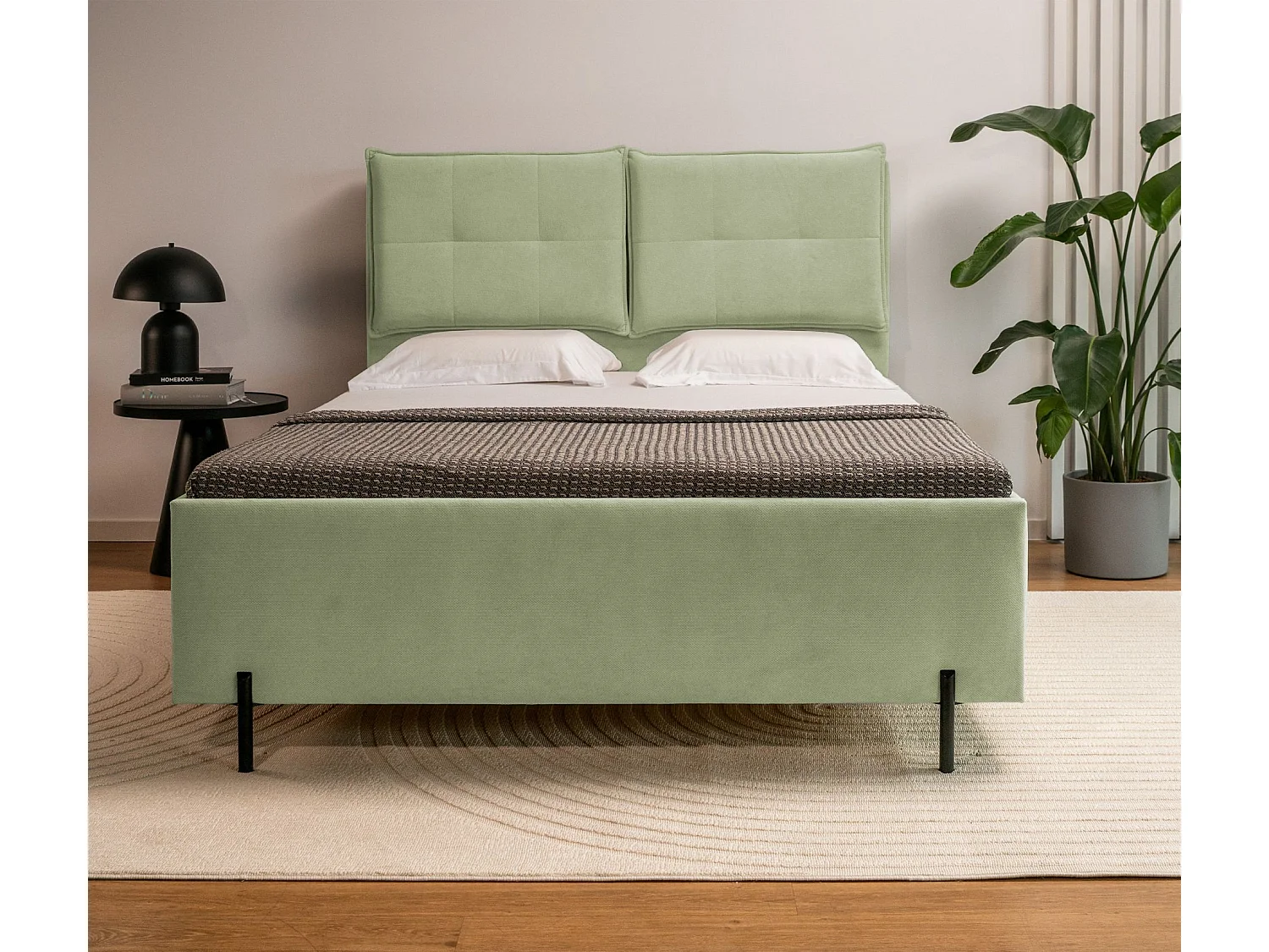 Polsterbett 140x200 mit klappbaren Rückenkissen – wasserfeste Chenille und Stauraum – Olivgrün – BELLEO
