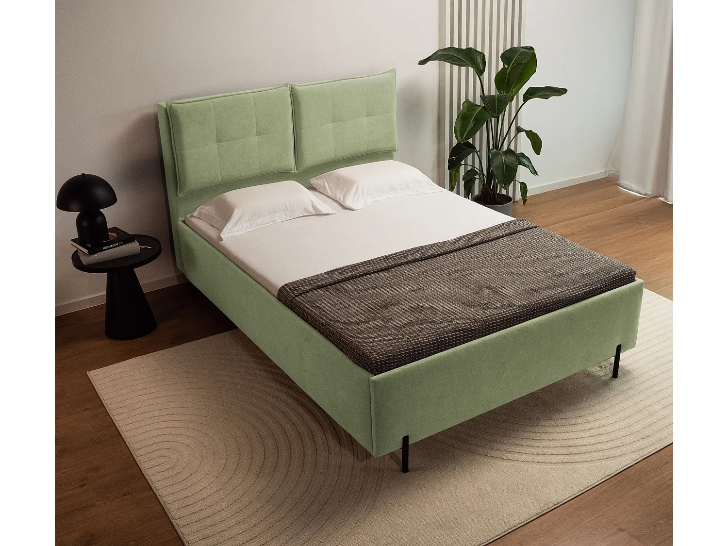 Polsterbett 140x200 mit klappbaren Rückenkissen – wasserfeste Chenille und Stauraum – Olivgrün – BELLEO